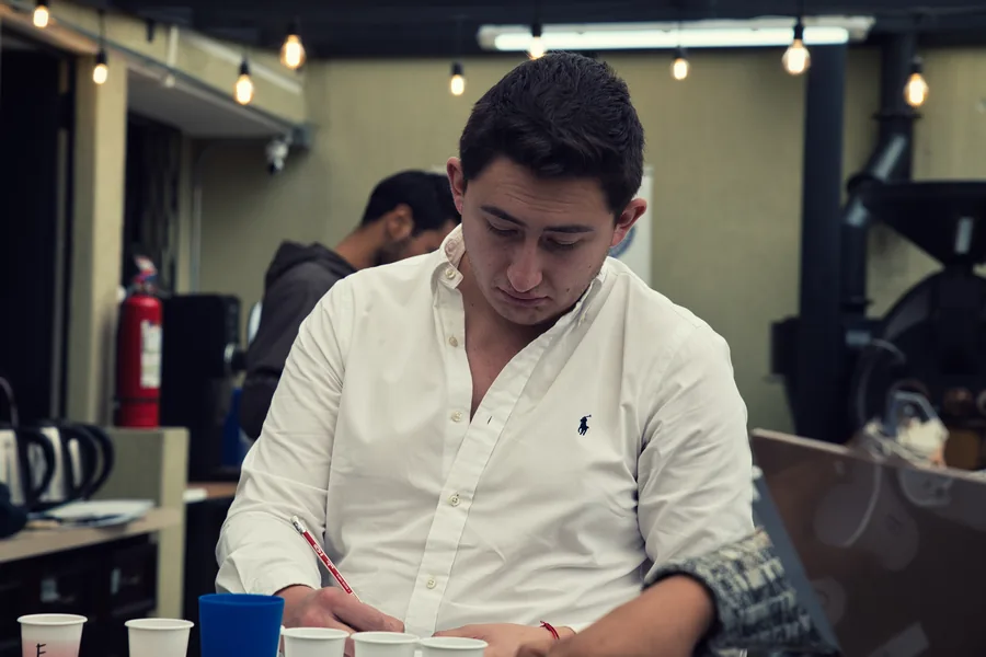 Joven estudiando sus notas de catación bajo un ambiente de luces cálidas
